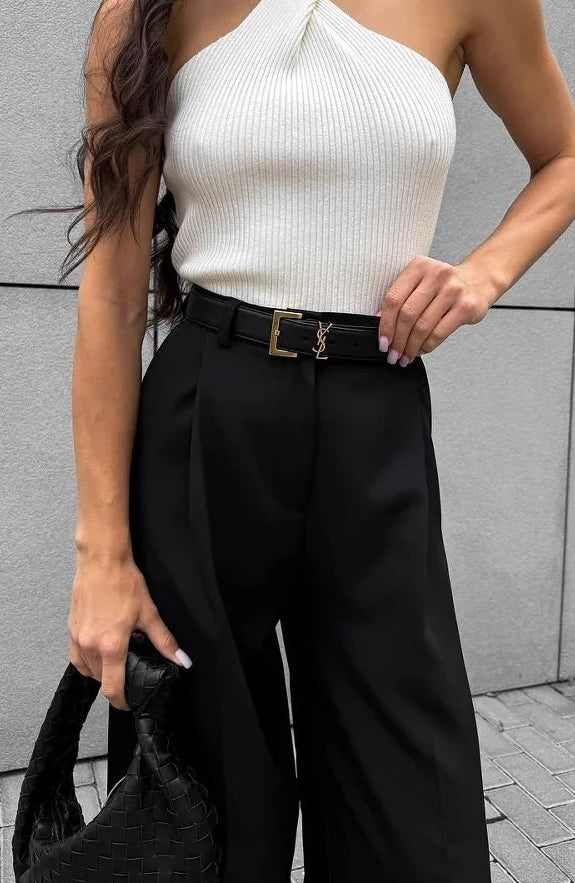 Wide Leg Buttoned Pleated Work Pant