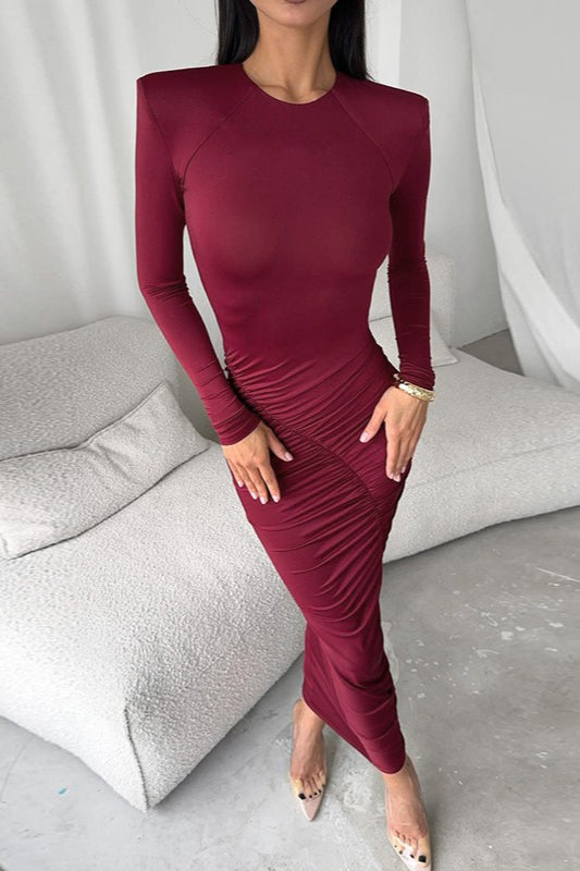 Ruched Long Sleeve Crew Neck Bodycon Maxi Dress