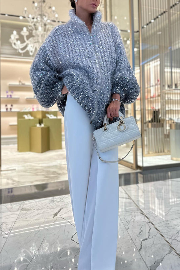 Warm Heart Sequin Balloon Sleeve Zipper Cardigan for Comfort