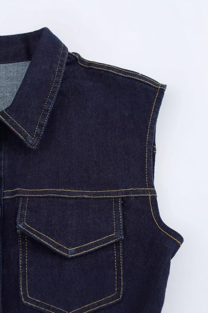Denim Collared Sleeveless Button-Front Bodycon Mini Dress