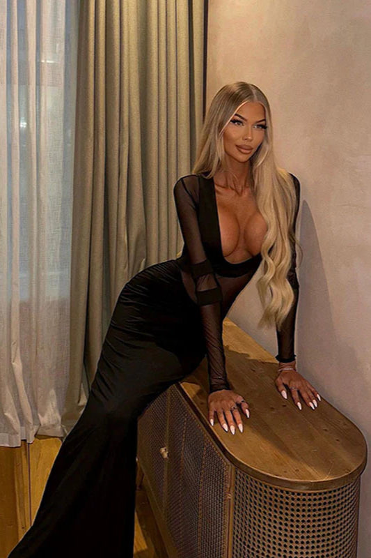 Mesh Panel Deep V Maxi Dress