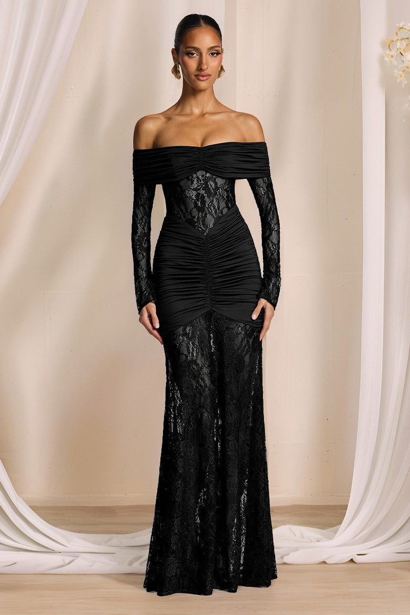 Lace Off Shoulder Long Sleeve Ruched Mermaid Gown