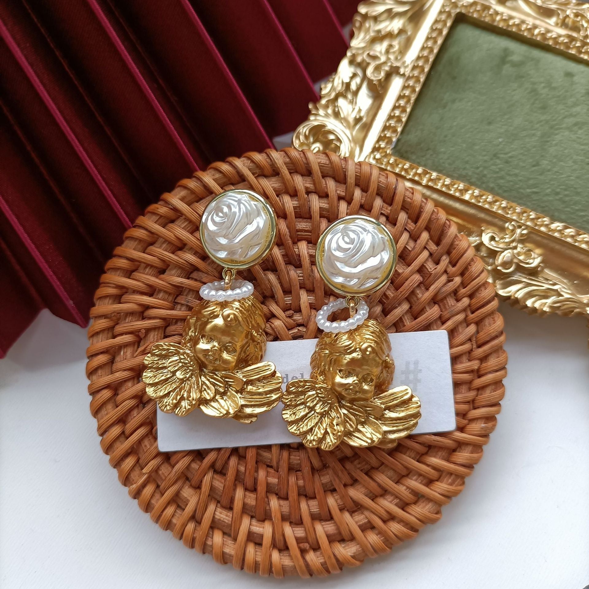 Vintage Angel Pearl Flower Stud Earrings