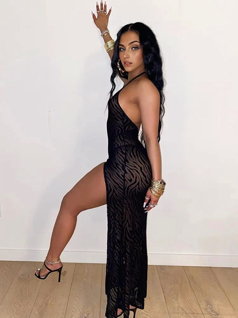 Sheer Mesh Burnout Halter Backless High-Slit Maxi Dress 2