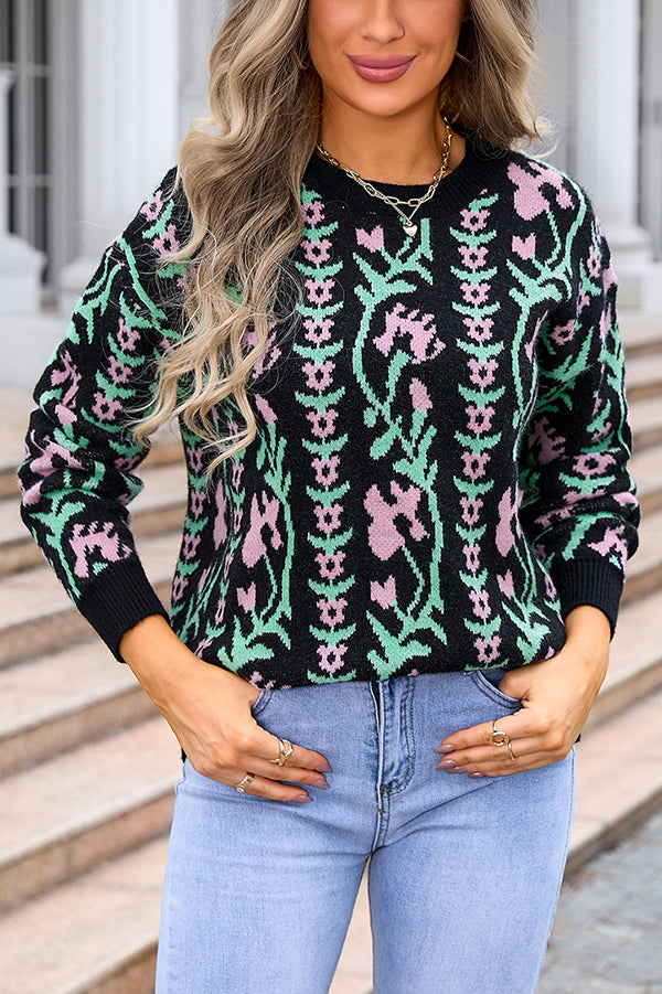 Lady Rin Floral Knitted Crew Neck Sweater for Casual Elegance