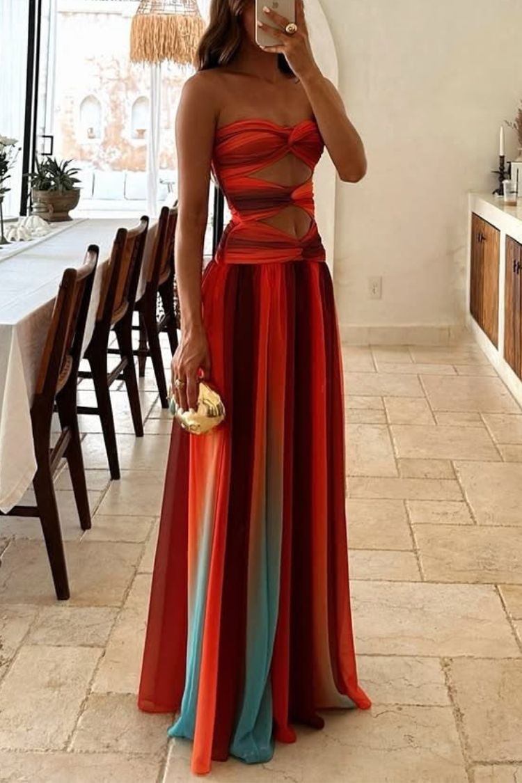 Sardinia Sunset Mesh Printed Twist Cutout Off Shoulder Vacation Maxi Dress - Fashionpara