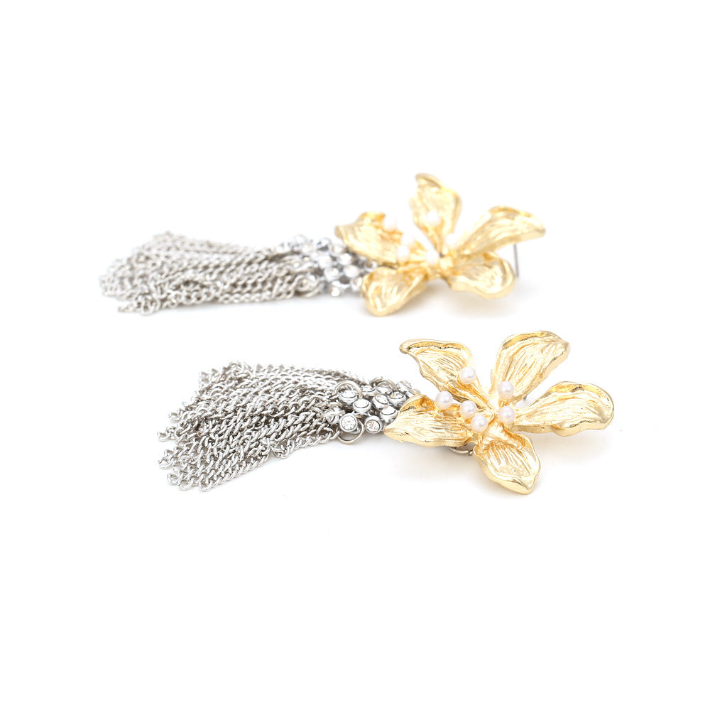 Rhinestone Pearl Flower Tassel Earrings