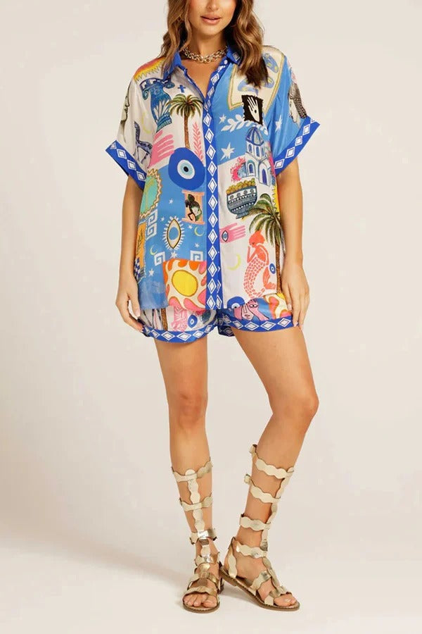 Unique Printed Short-sleeved Casual Loose Shirt and Elastic Waist Drawstring Pocket Shorts Set - Fashionpara