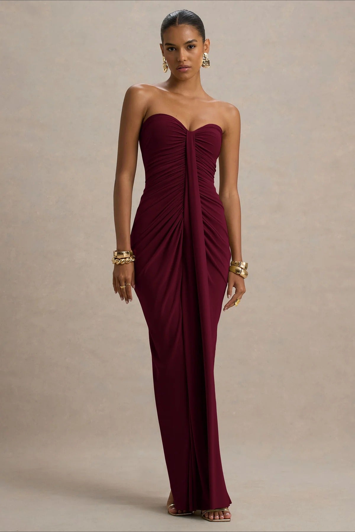 Strapless Sweetheart Ruched Draped Mermaid Maxi Gown