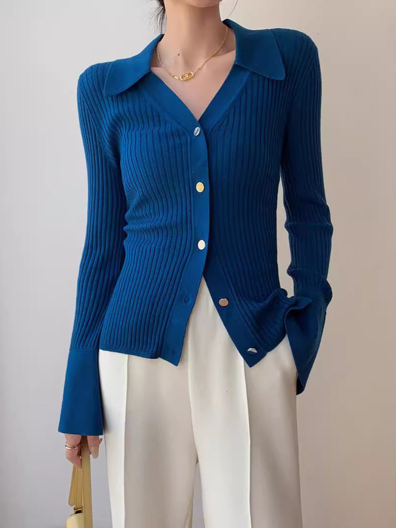 Elegant Blue V-Neck Knit Cardigan for Stylish Comfort