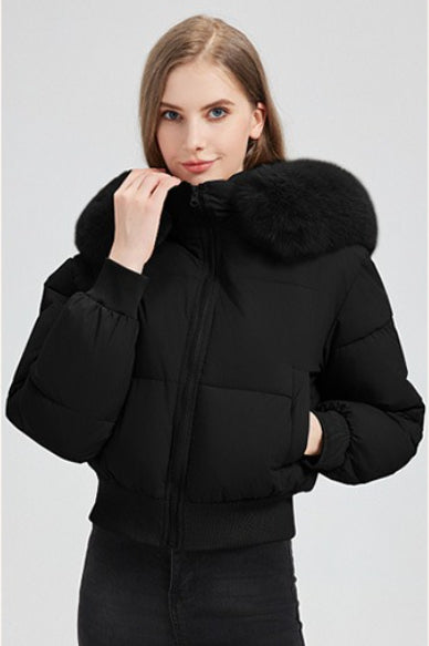 Quilted Cropped Faux Fur Collar Coat - Fashionpara