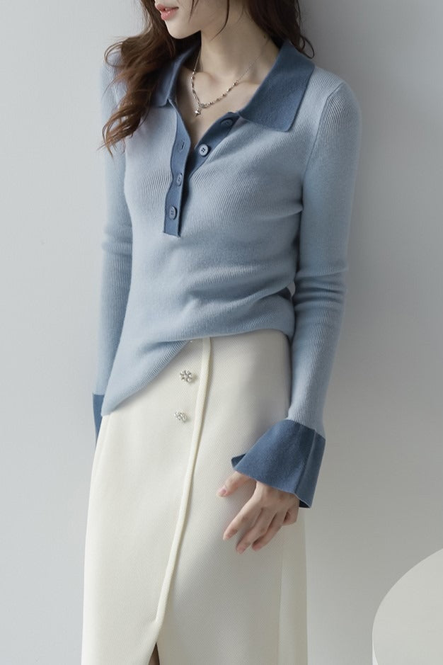 Polo Collar Contrast Cuff Knit Top