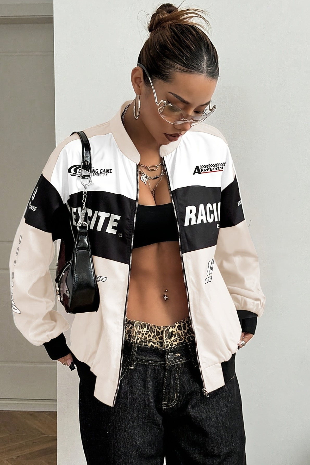 Letter Zip Moto Colorblock Coat - Fashionpara