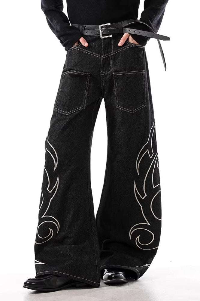 Vintage Embroidered Reverse Pocket Wide Leg Jeans