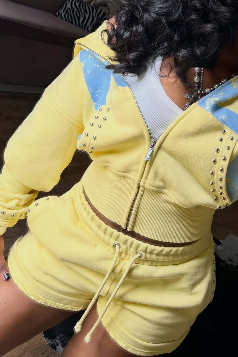 Studded Cropped Contrast Print Zip-Up Hoodie