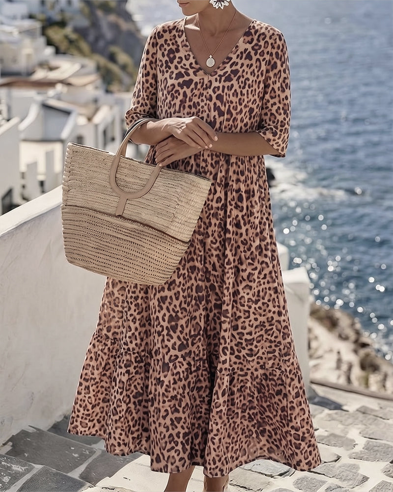 Leopard Print V-Neck Short Sleeve Tiered Midi Dress 4