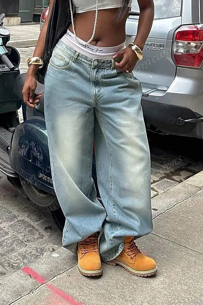Vintage Washed Loose Fit High Waist Jeans