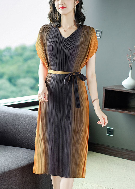 Pleated V-Neck Cap Sleeve Self Tie Belt Midi Dress