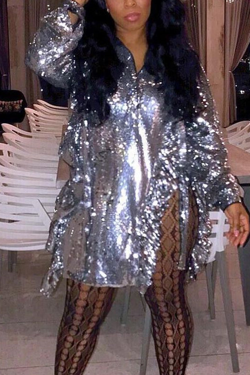 Plus Size Reflective Puff Sleeves Split Mini Dress  Fashionpara