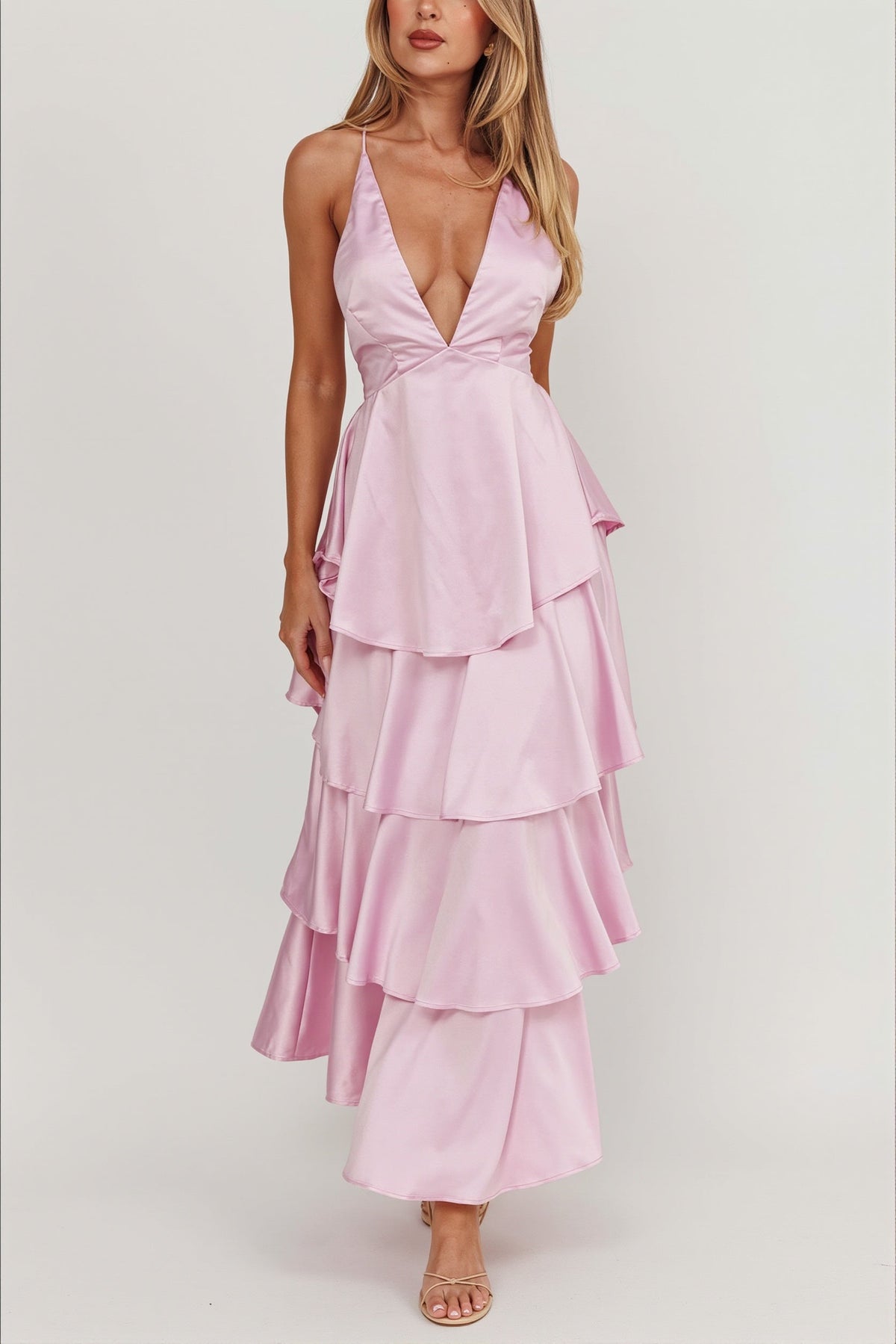 Satin Plunge V-Neck Tiered Ruffle Maxi Formal Dress