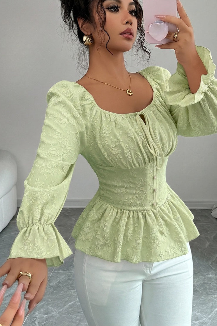 Square Neck Tie Front Peplum Blouse