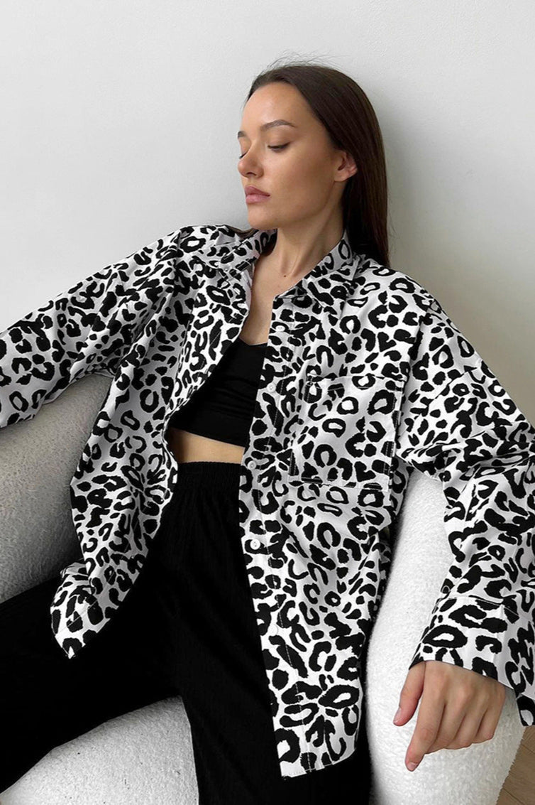 Leopard Print Turn Down Collar Long Sleeve Blouse