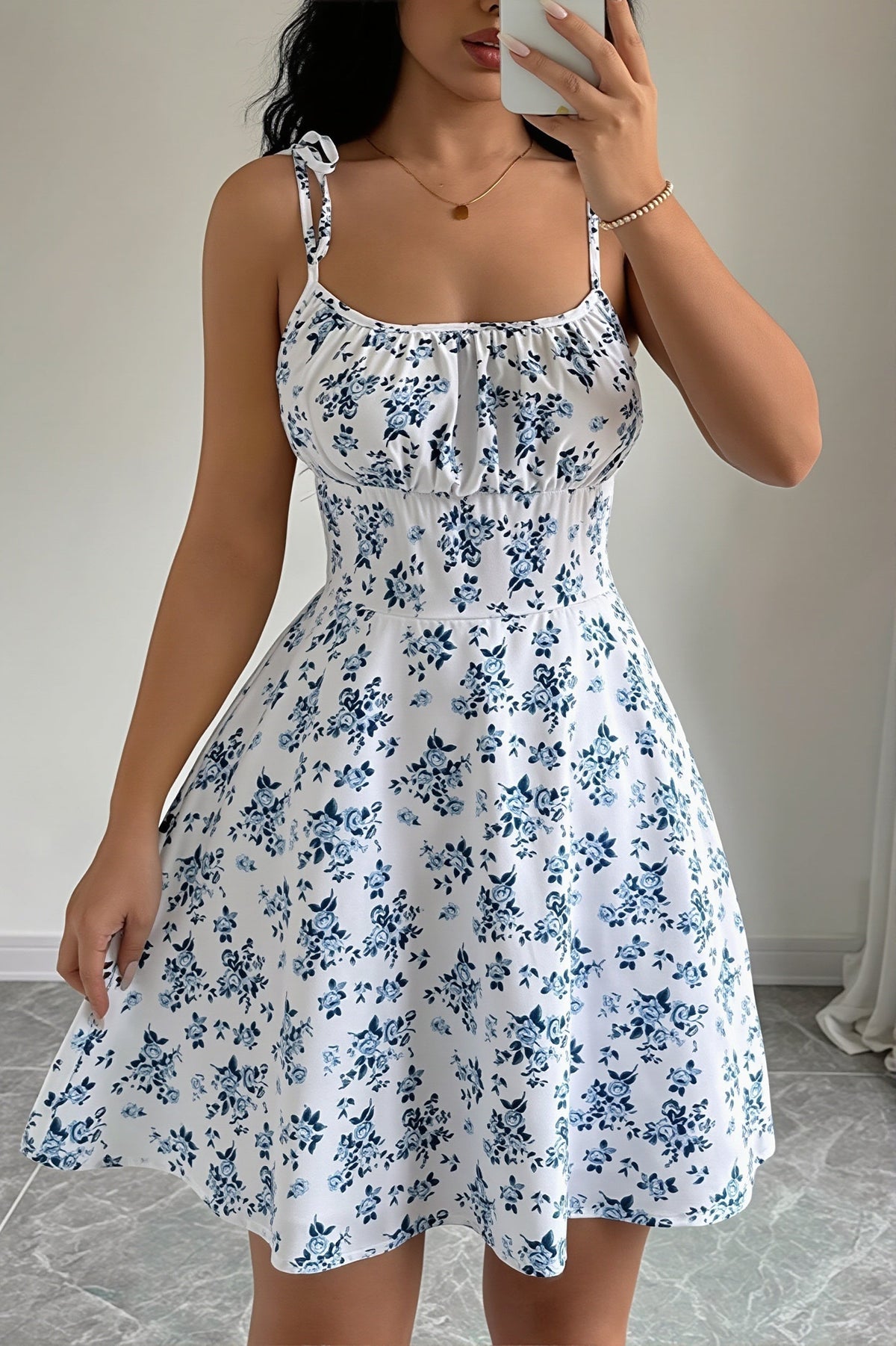 Floral Scoop Neck Tie Strap Fit and Flare Mini Dress