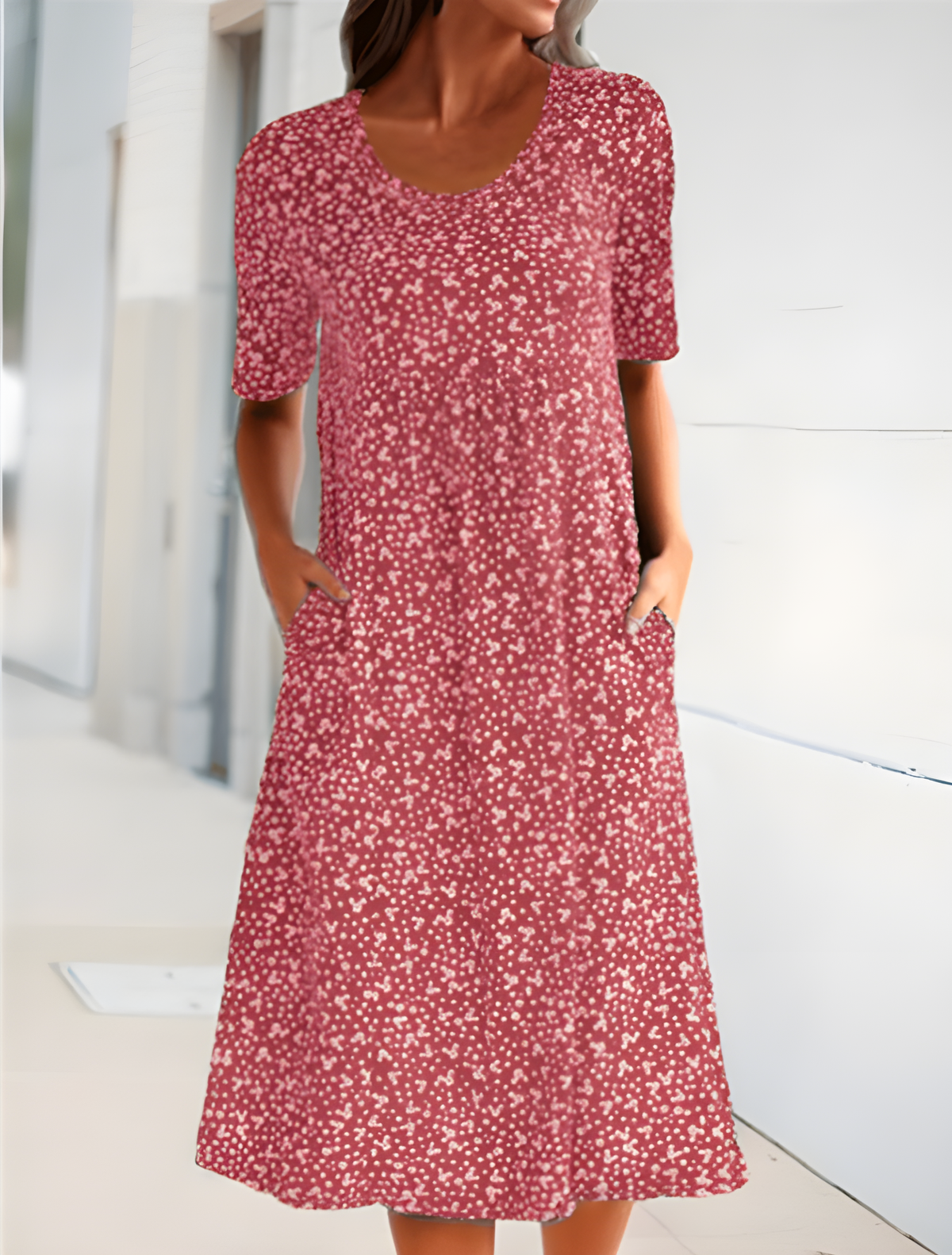 Ditsy Floral Short Sleeve Pocket Shift Midi Summer Dress