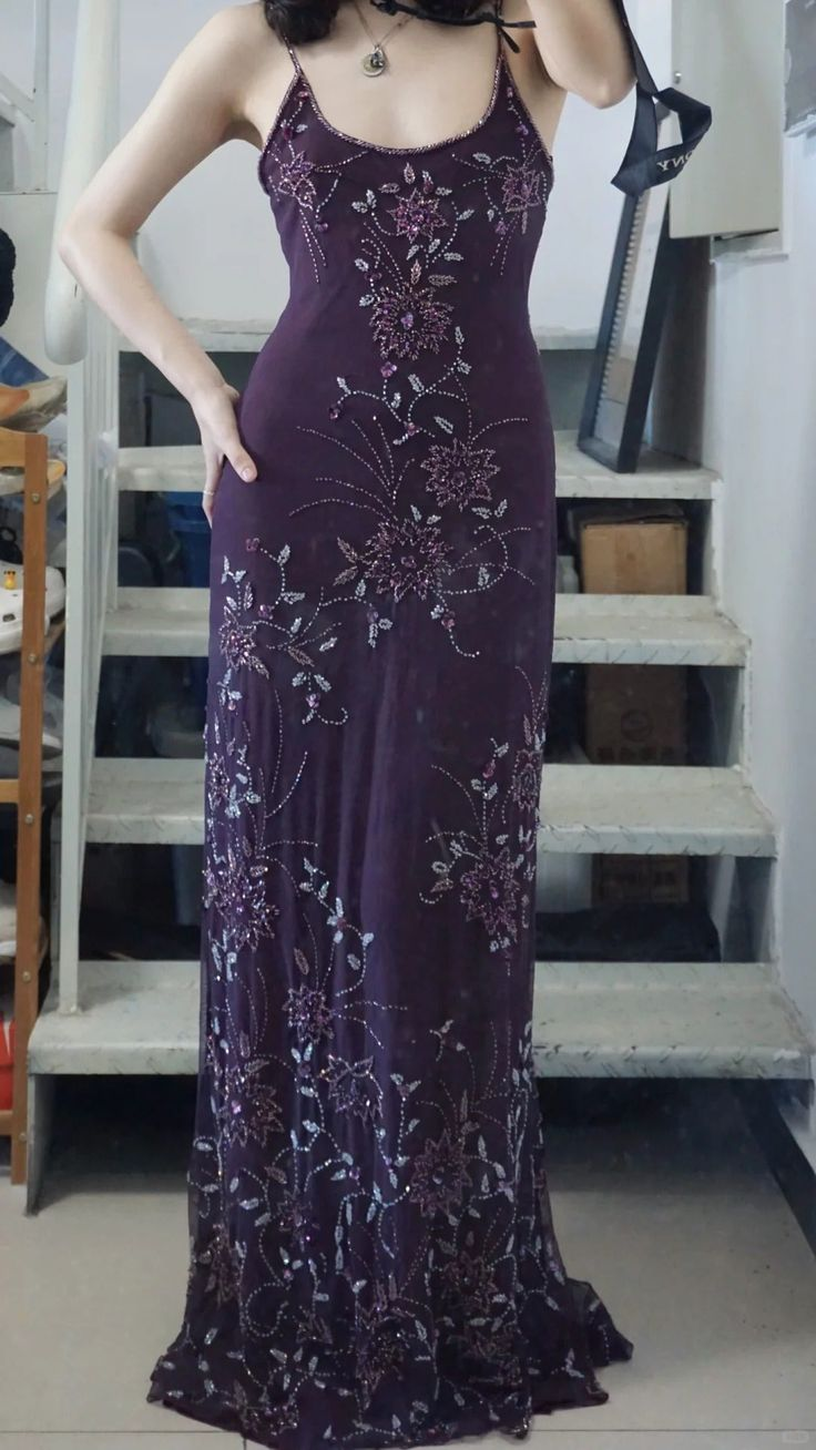 Beaded Purple Spaghetti Straps Long Prom Dress Sexy 21st Birthday Outfit - Fashionpara