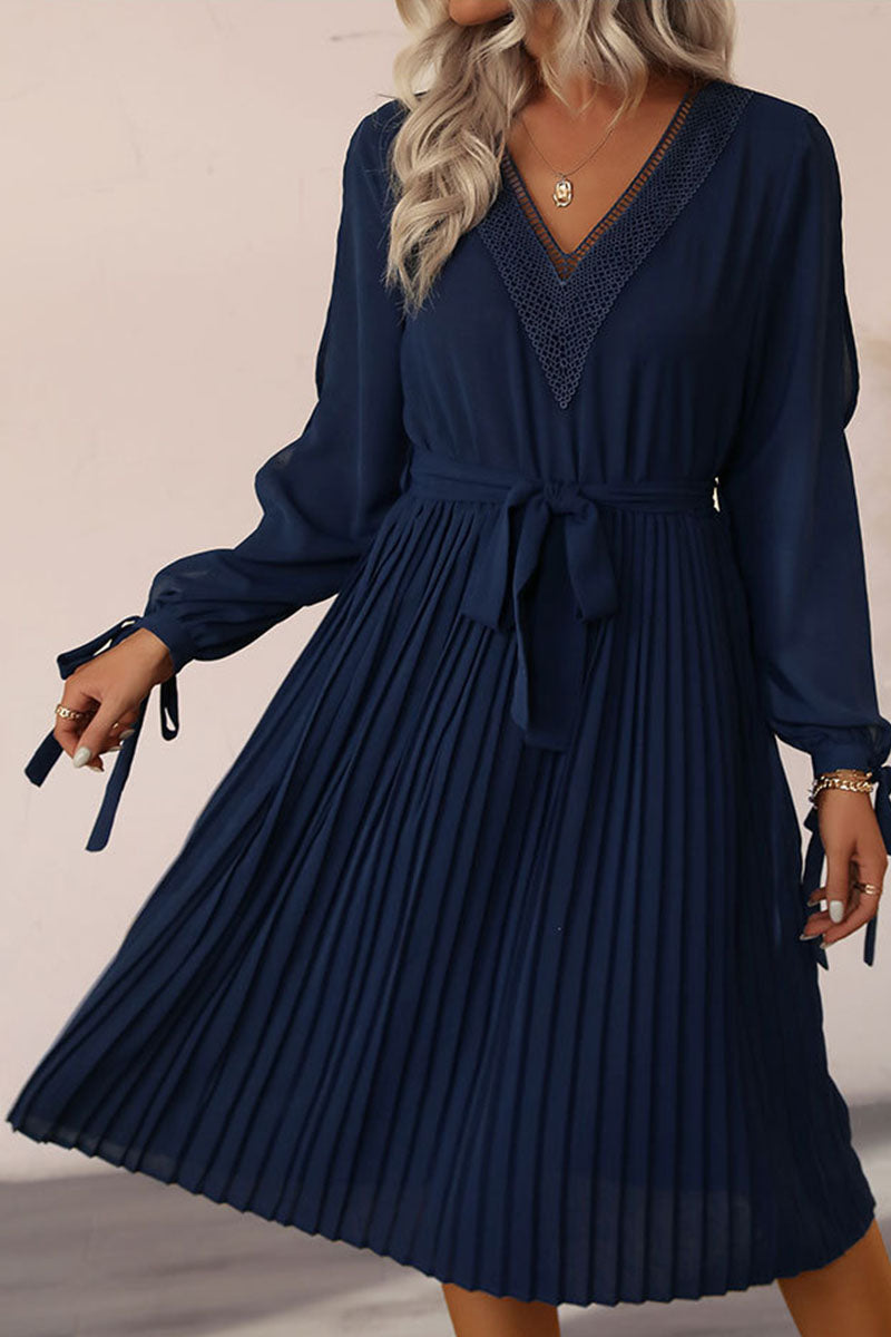 Chiffon Lace Insert V-Neck Cold Shoulder Tie Cuff Midi Dress - View 6