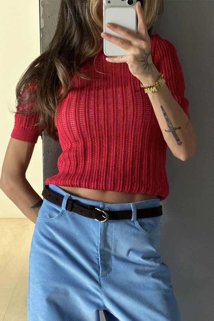 Openwork Short Sleeve Crew Neck Sweater