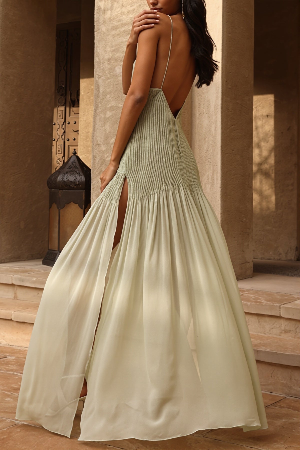 Pleated Bodice V-Neck Bias Slip Maxi Gown