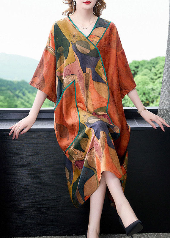 Abstract Print V-Neck Kimono Sleeve Piped Pocket Midi Shift Dress - View 3