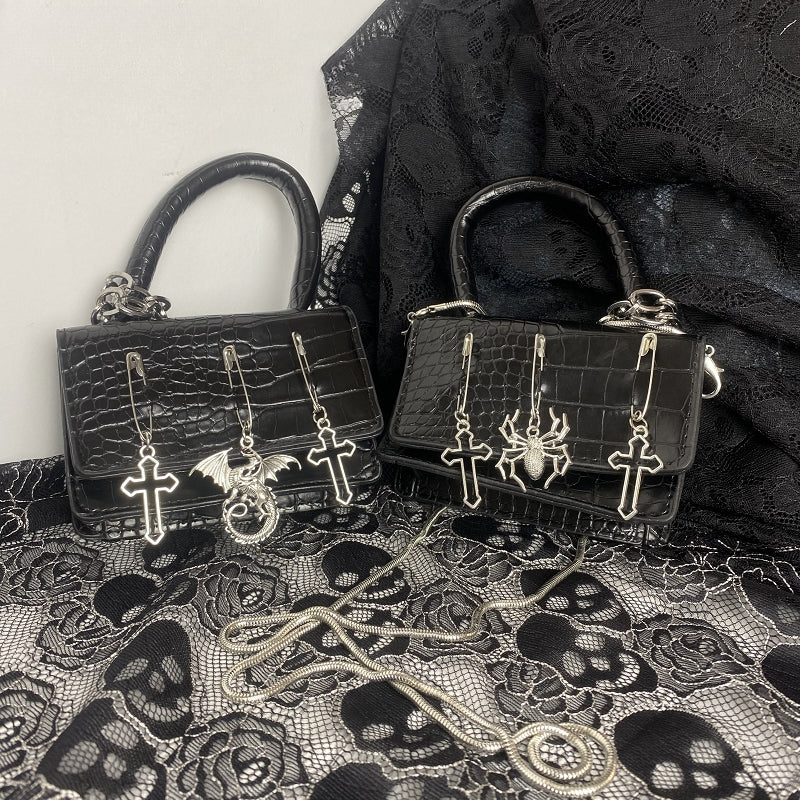 Y2K Gothic Metal Punk Pin Small Spider Rabbit Decorate Messenger Bag Black 3 Halloween