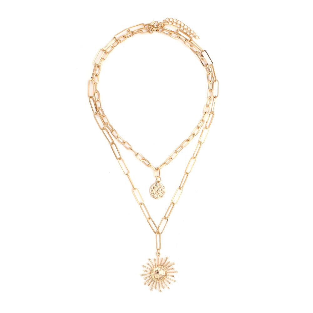 Vintage Stacked Metal Sun Pendant Necklace