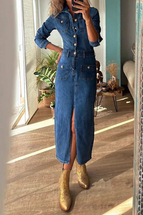 Fashionable Button-Up Long Sleeve Denim Dress