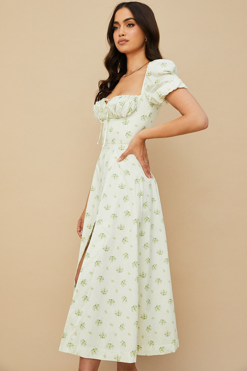 Puff Sleeve Wrap Slit Maxi Floral Dress