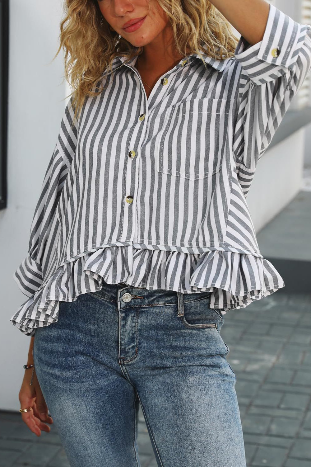 Striped Loose Fit Lace Hem Blouse