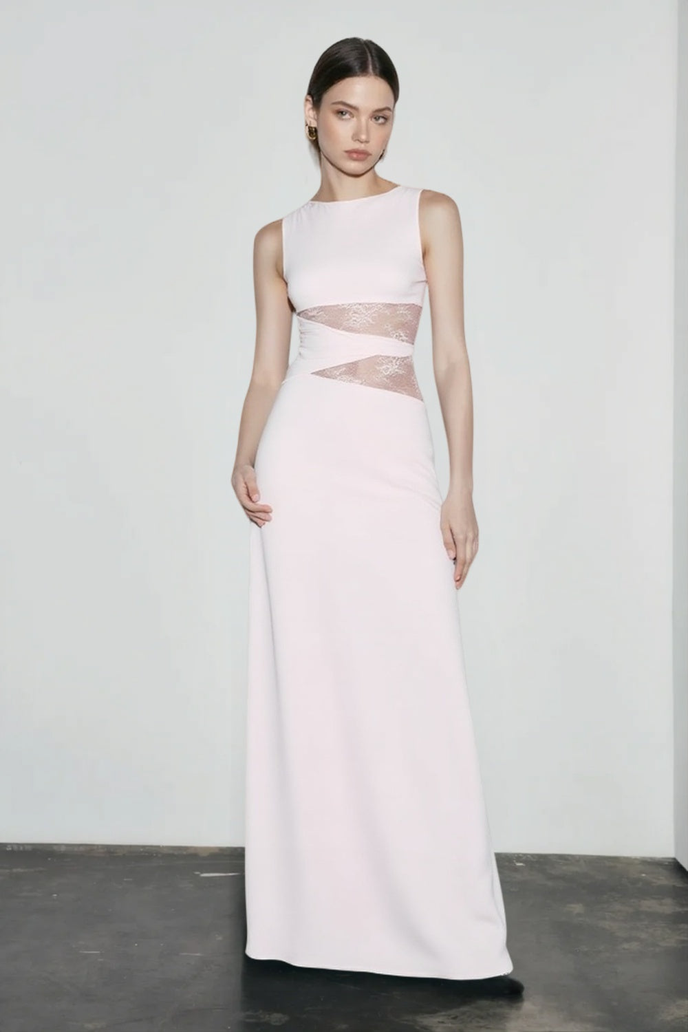Lace Cut Out Boat Neck Column Maxi Gown