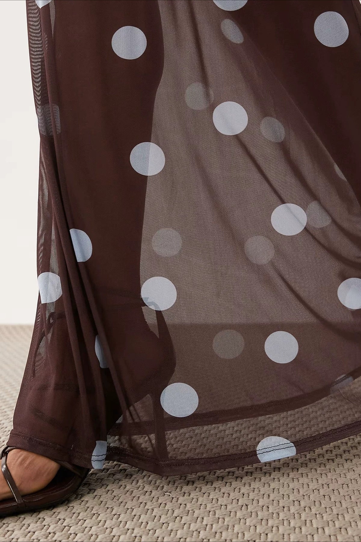 Brown Polka Dot Sheer Mesh Maxi Skirt