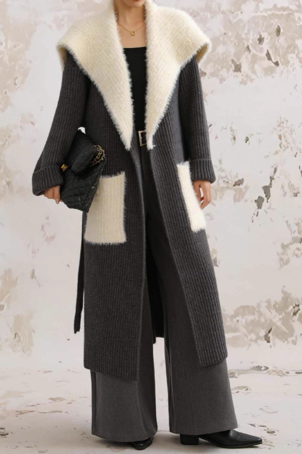 Faux Fur Collar Long Patchwork Loose Knit Overcoat