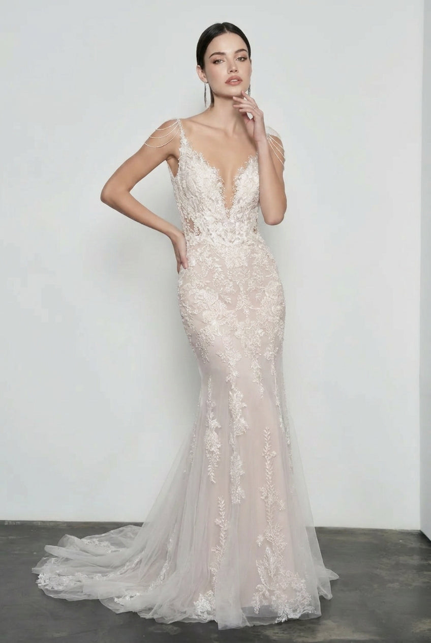 Lace Deep V-Neck Fit and Flare Bridal Gown 3