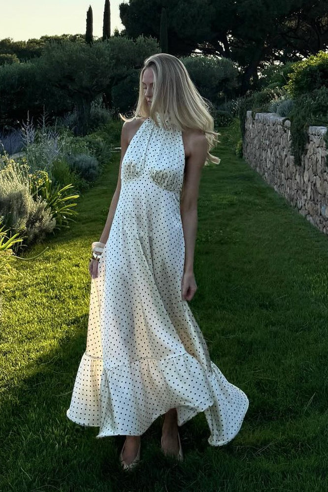 French Style Polka Dot Satin Backless Silk Dress - Fashionpara
