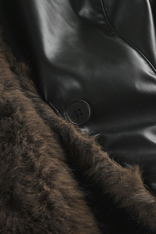 Faux Leather Fur Collar Coat