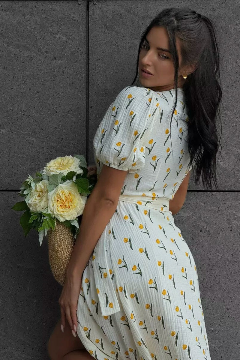 Floral V-Neck Puff Sleeve Wrap A-Line Midi Dress 19