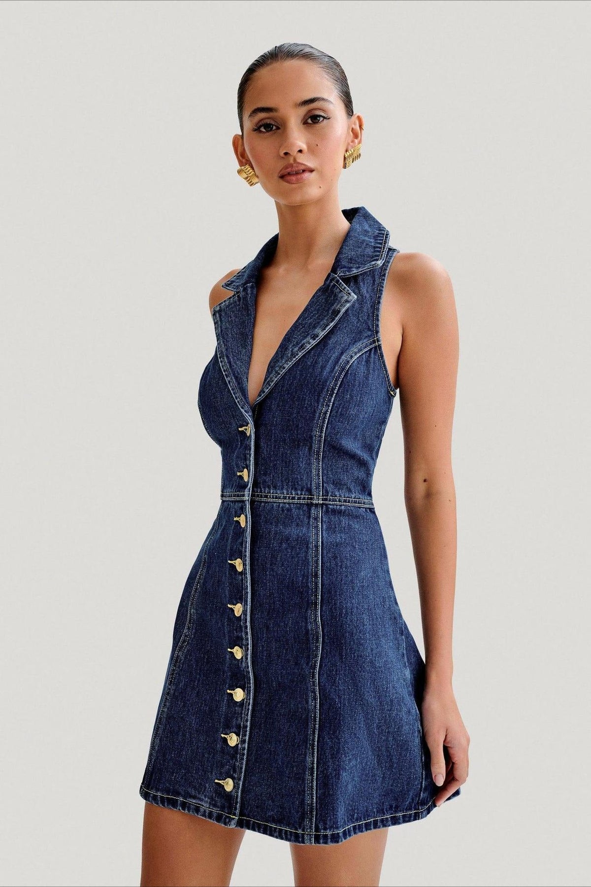 Denim Collared Sleeveless Button-Front A-Line Mini Dress 2