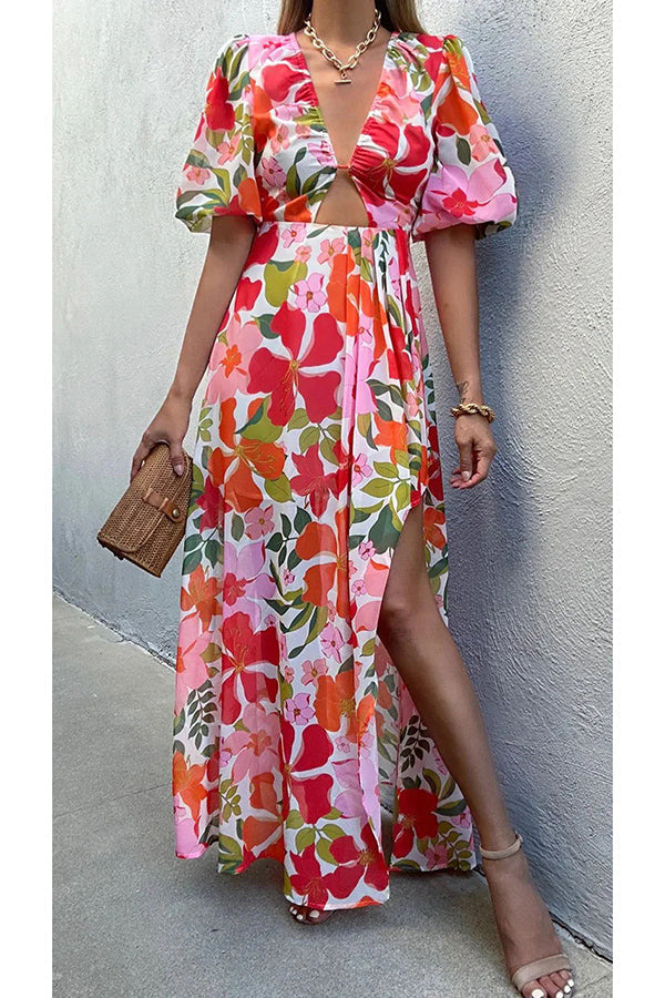 Del Mare Floral Puff Sleeve Front Cutout High Low Maxi Dress