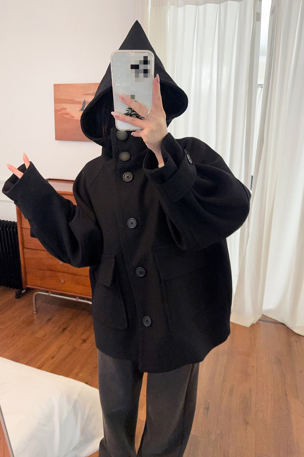 Solid Pointed Hood Button Chic Coat