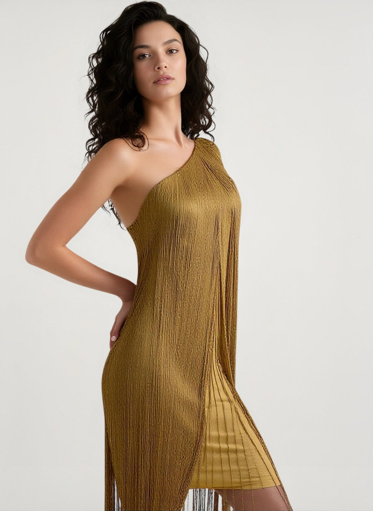 Fringe One Shoulder Asymmetric Tassel Midi Dress