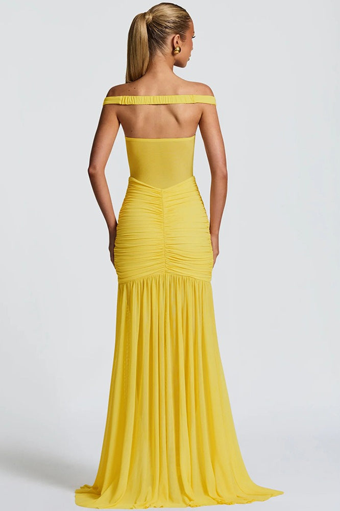 Mesh Off Shoulder Ruched High Split Mermaid Maxi Dress